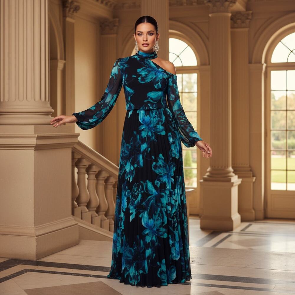 Xscape Black Maxi Dress with Teal Floral Print